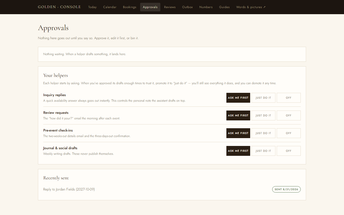Approvals queue with an AI-drafted inquiry reply awaiting the operator's approval