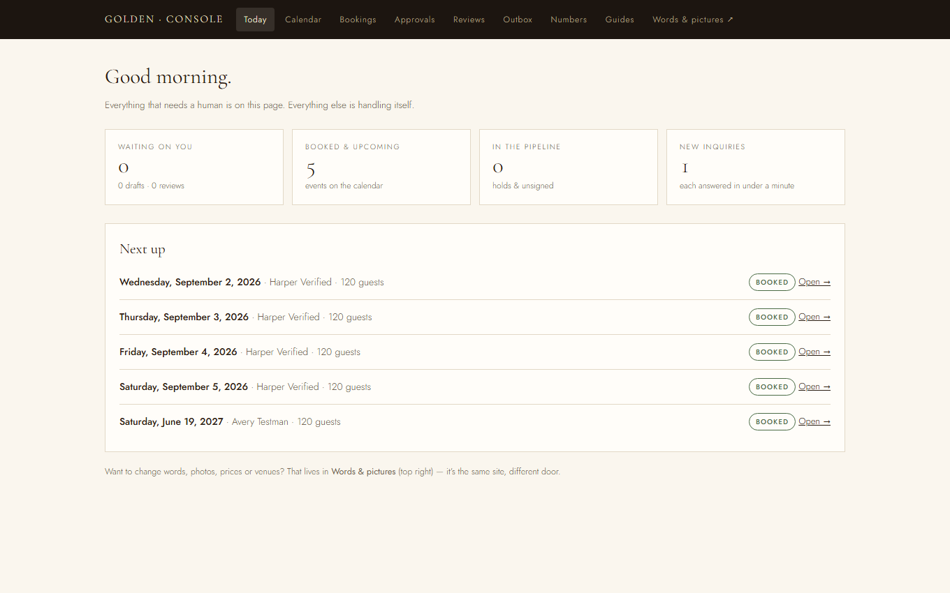 Operator console dashboard showing pipeline counts, approvals and today's events