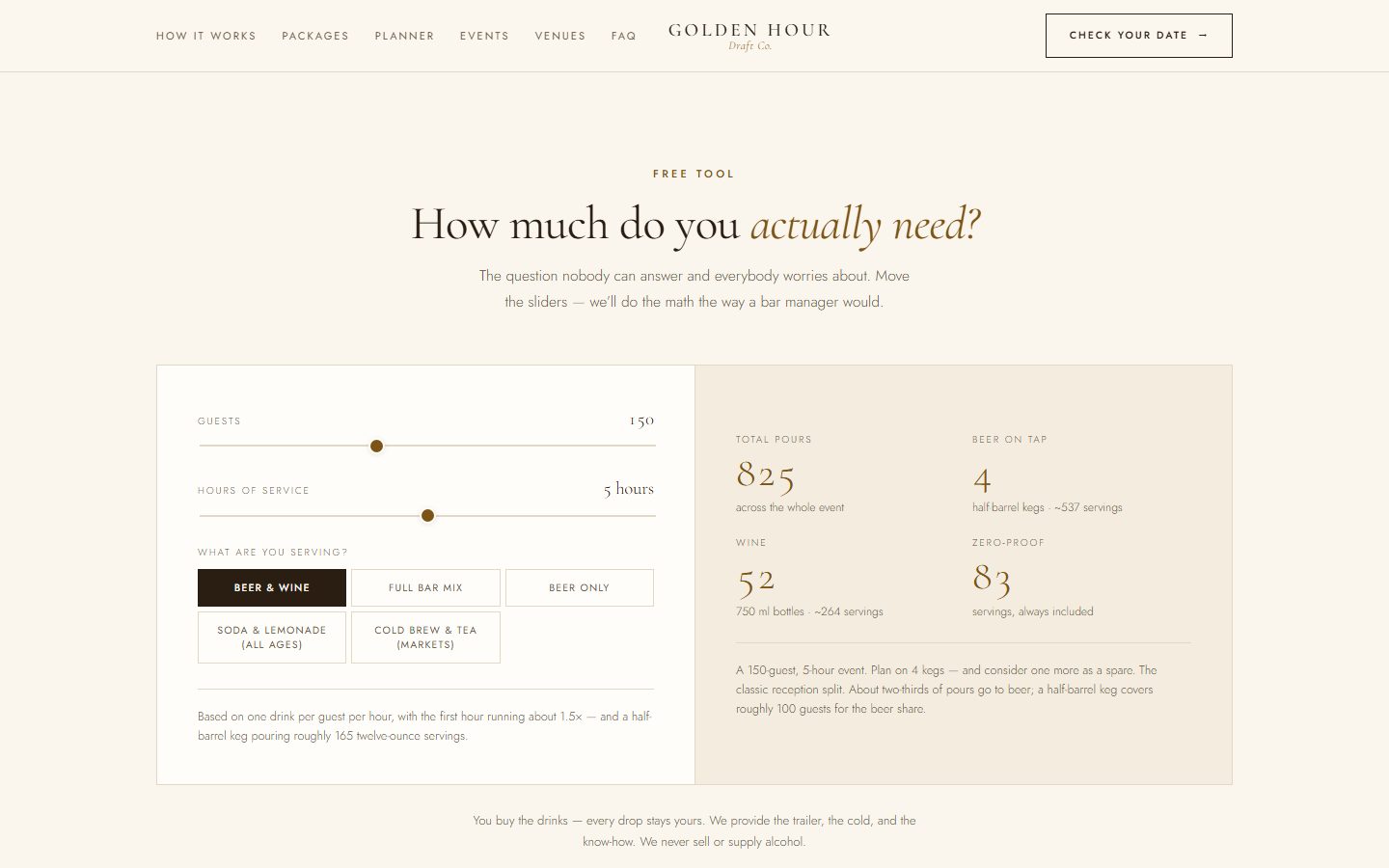 Beverage planner with sliders for guests and hours and a computed shopping list